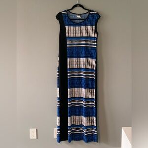 EUC Bali Striped Blue, White and Black Maxi Dress. 🇨🇦 made. Scoop neck. Size 12.